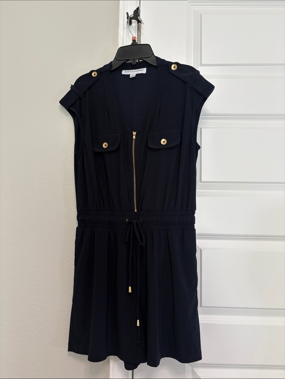 Emma & Michele Navy Sleeveless Zip-Front Drawstring Mini Dress